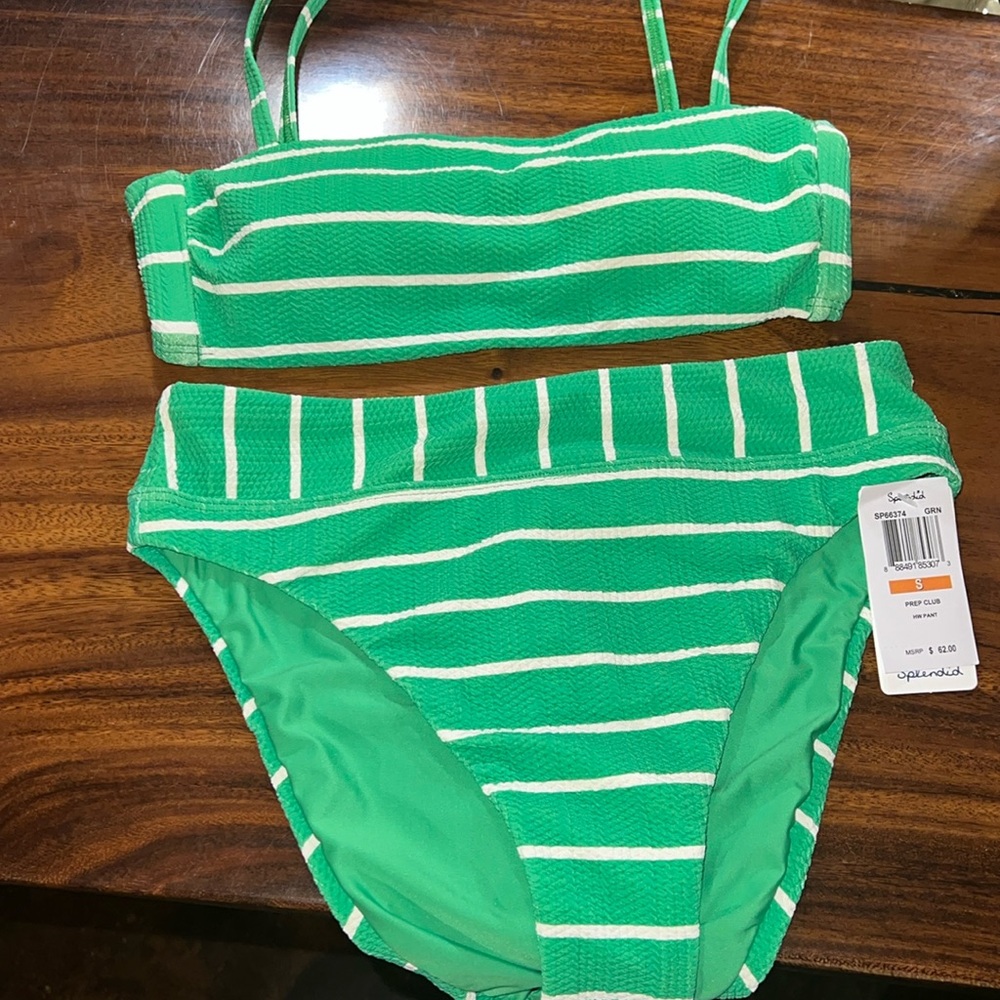 Splendid Swimsuit High Waisted Prep Club green & white stripe NWT Small